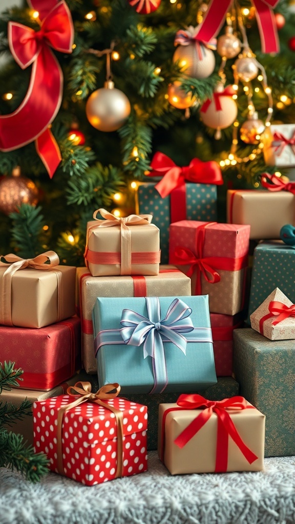 A colorful assortment of Christmas gifts wrapped in festive paper, with holiday decorations in the background.